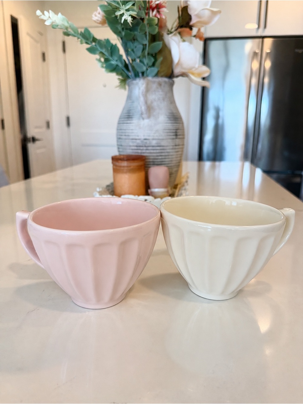 Anthropologie Lustre Latte - pink and white iridescent coffee tea cup set of 2